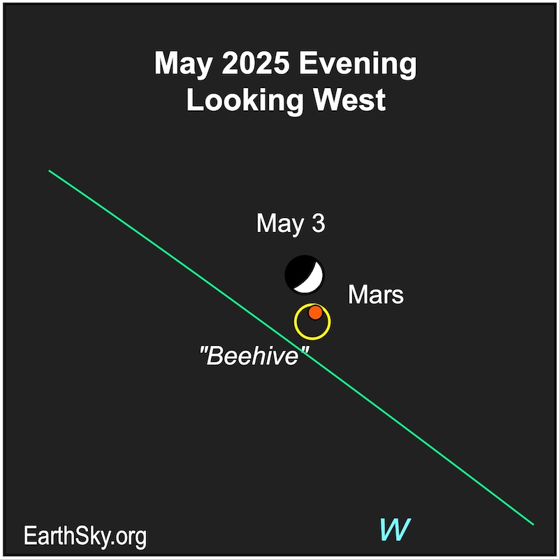 A large white crescent shape is immediately above a red dot, which is in turn within a yellow circle.