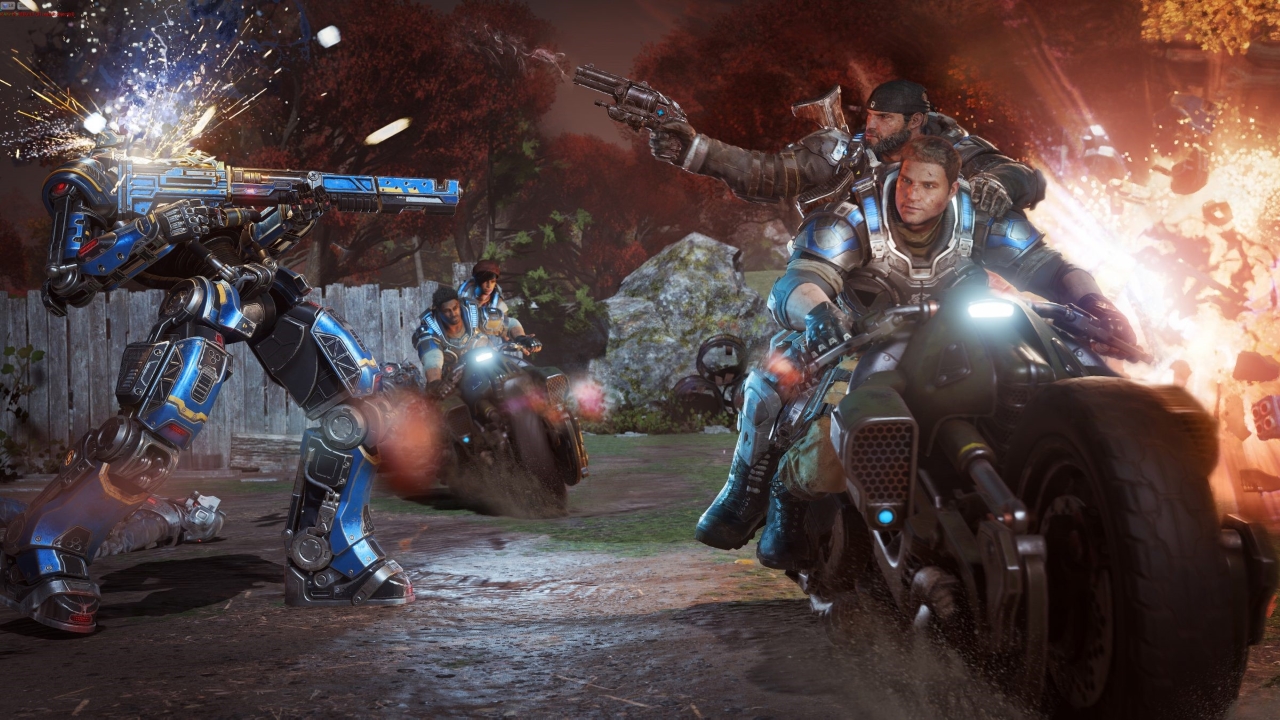 Screenshot from Gears of War 4 showing J.D. and Marcus Fenix riding a motorbike and fighting robots.