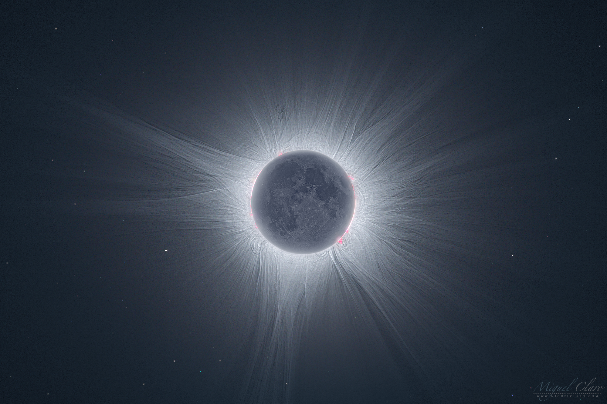 a dimly shadowed moon blocks the sun as eruptions of light stretch from the starry body behind the Earth satellite.