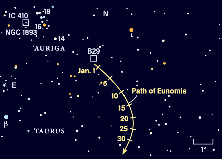 The path of asteroid Eunomia in January 2025