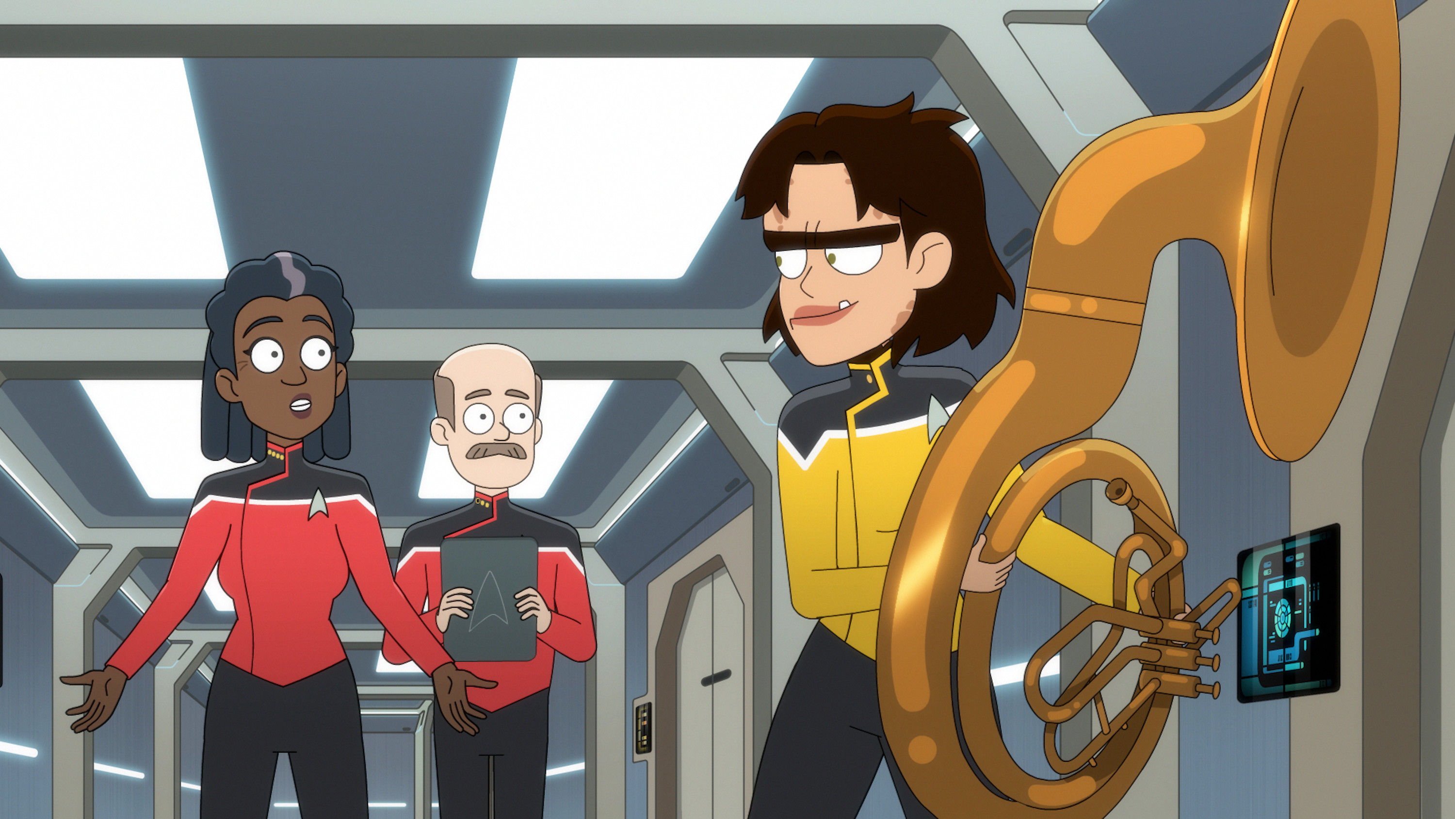 A female alien with a unibrow holding a Tuba-like instrument, with two officers looking on with worry in their eyes.