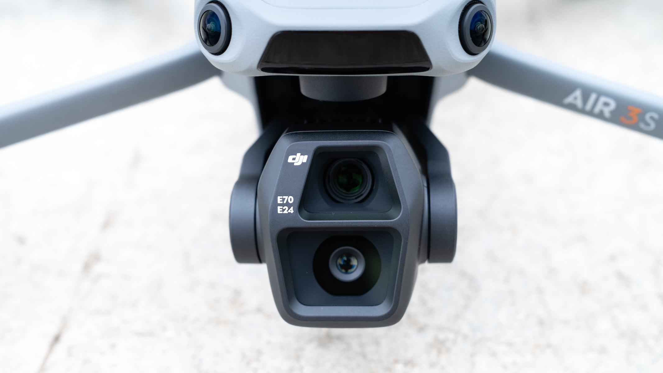 Close up view of DJI Air 3S dual camera.