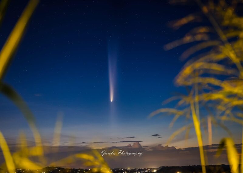 Comet, with big tail pointing upward, away from the sunset horizon, and a 2nd tail pointing downwards to the horizon.