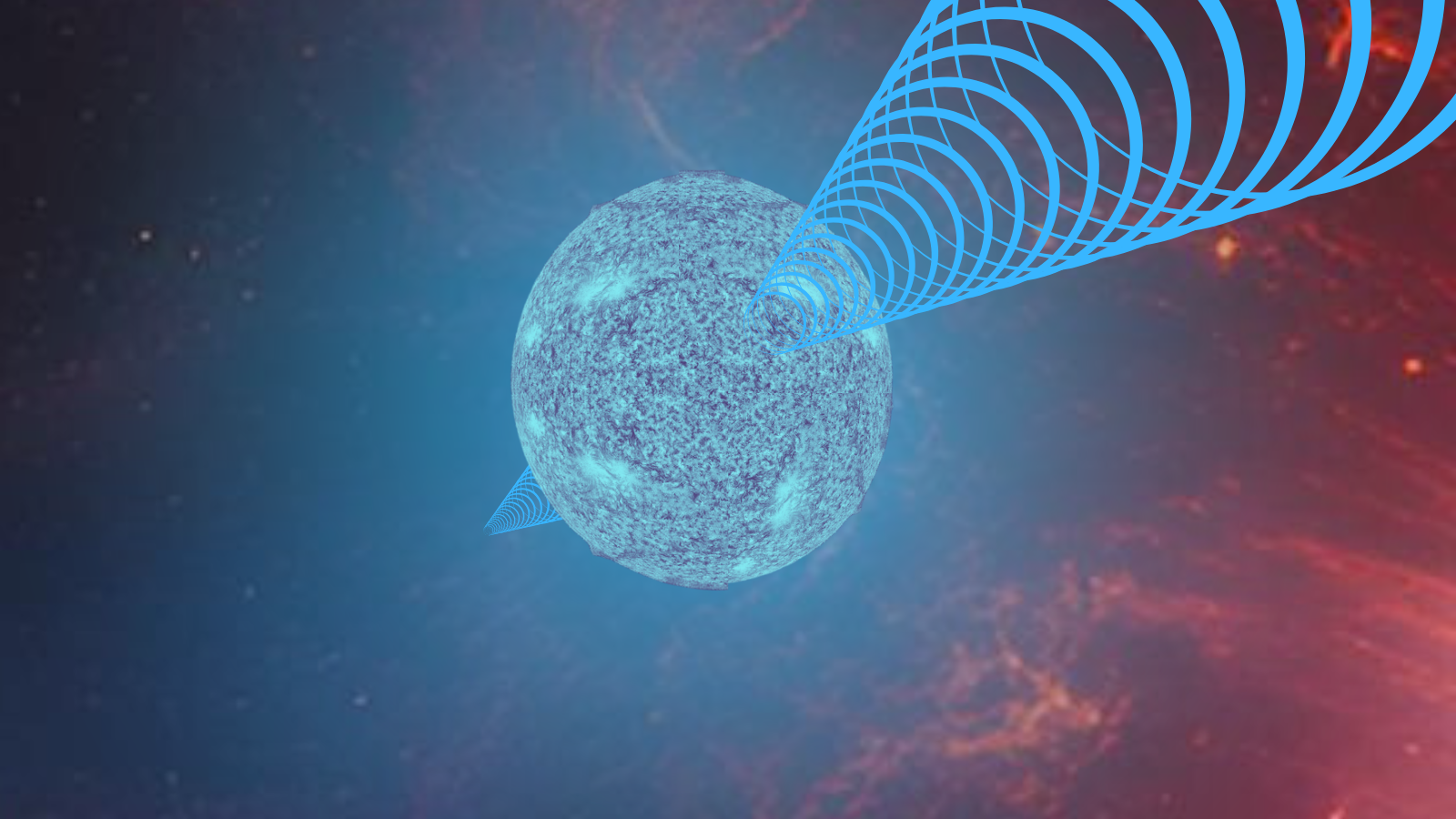 illustration of a star as a whitish sphere emitting blue beams of radiation from its poles