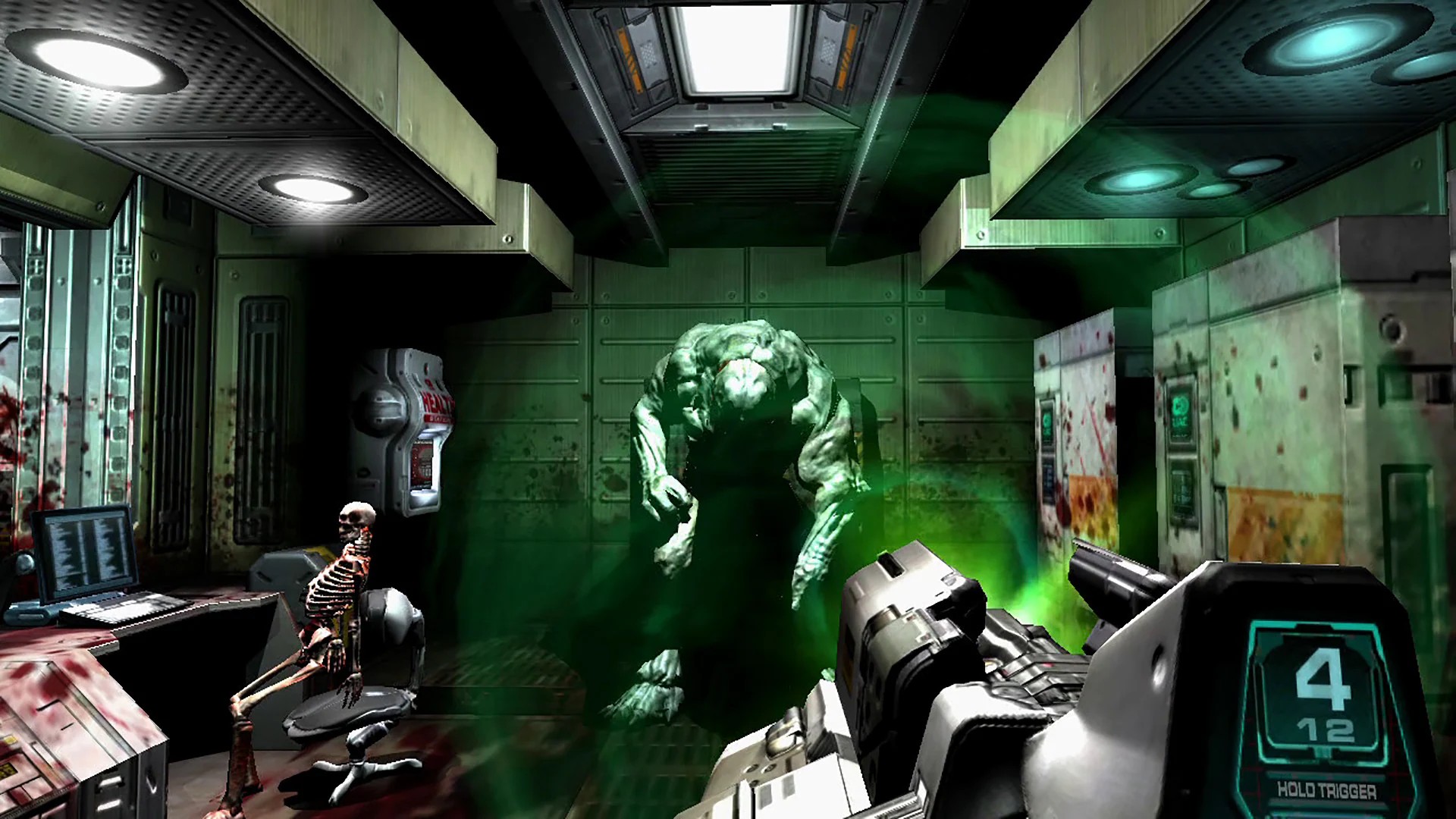 Still from the video game Doom 3. A giant, muscular, grotesque demon has been blasted into the wall thanks to the big massive gun the protagonist is wielding.