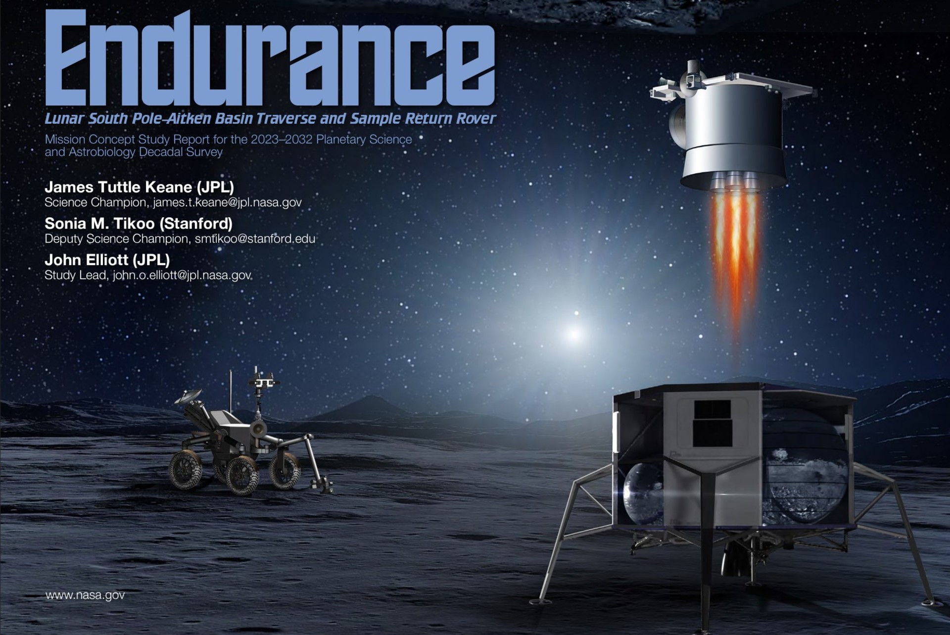 a cube-shaped spacecraft on four legs sits on the dusty surface of the moon while a silver cylinder shape rockets off from the top of it above a cone of fire