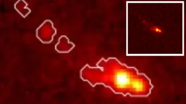 This is a JWST image (not from this research) of an ancient galaxy merger from 13 billion years ago. The galaxy, named Gz9p3, has a double nucleus indicating that the merger is ongoing. While astronomers know that mergers are a critical part of galaxy growth and evolution, the role spheroids play has been difficult to discern. Image Credit: NASA/Boyett et al