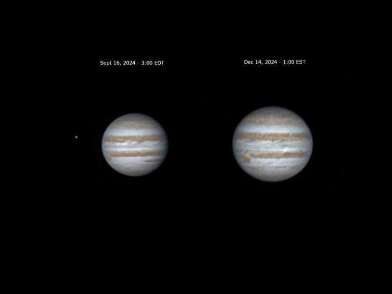 Two views of a banded planet, one considerably bigger. The smaller view has a white dot beside it.