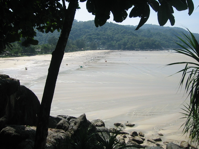 An empty beach, a vast expanse of flat sand with forested hills bordering it.