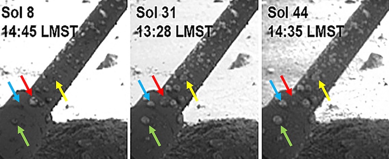 3 images of dark cylindrical object with water-like droplets on it. Red, blue, green and yellow arrows and black text labels are on all 3 images.