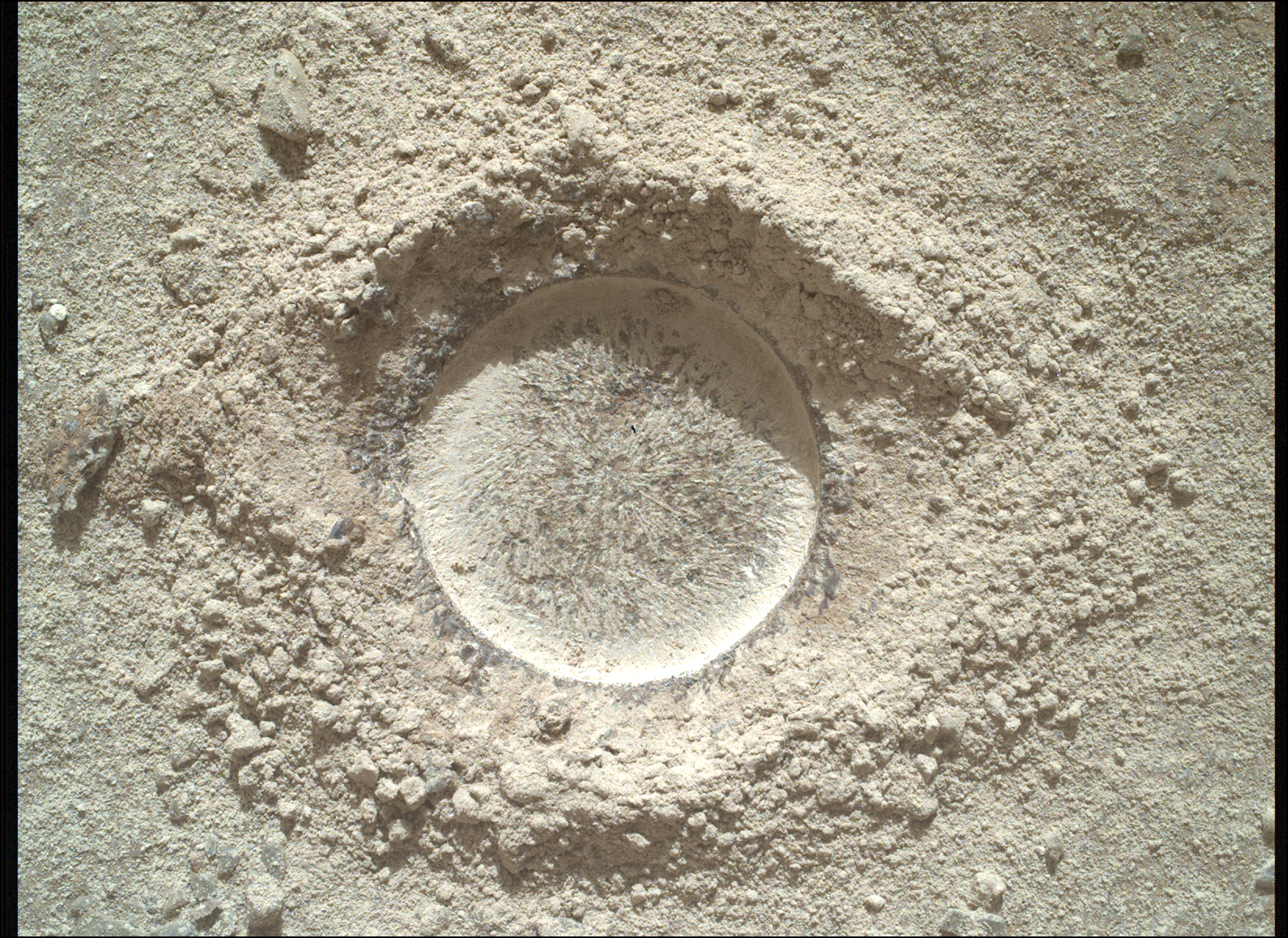 A color overhead close-up view of a spot on the Martian surface, hard, flat ground that’s off-white and very light tan. At the center of the image is a perfect circle scraped into the ground, at a very shallow depth. Mounded around the circle is the soil and gravel dug out from this spot. The slightly larger mound at the top is pointed toward the top of the frame; the mound on the bottom is smaller and more rounded, and both taper off at the sides of the hole. Combined, the abraded circle and the mounds above and below resemble a pupil-free human eye carved on an ancient stone statue.