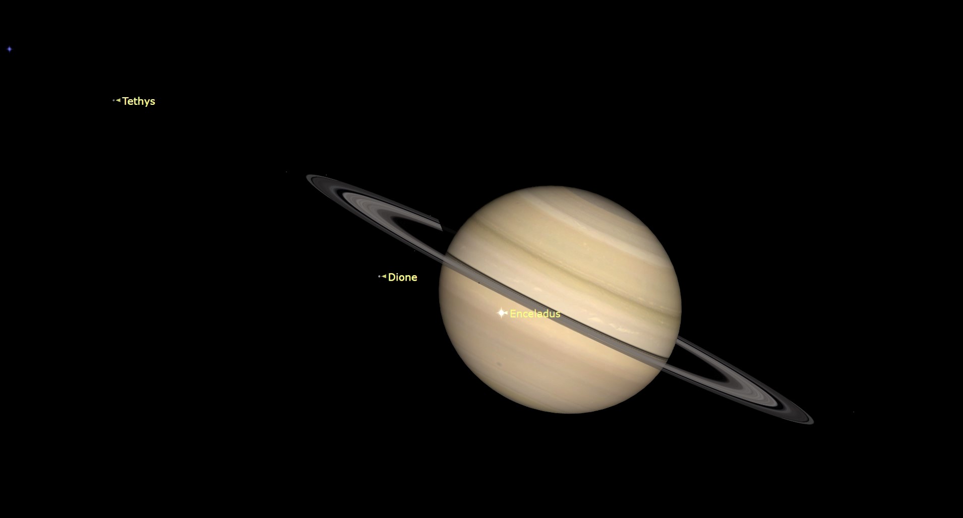 a ringed planet in space with small moons labeled