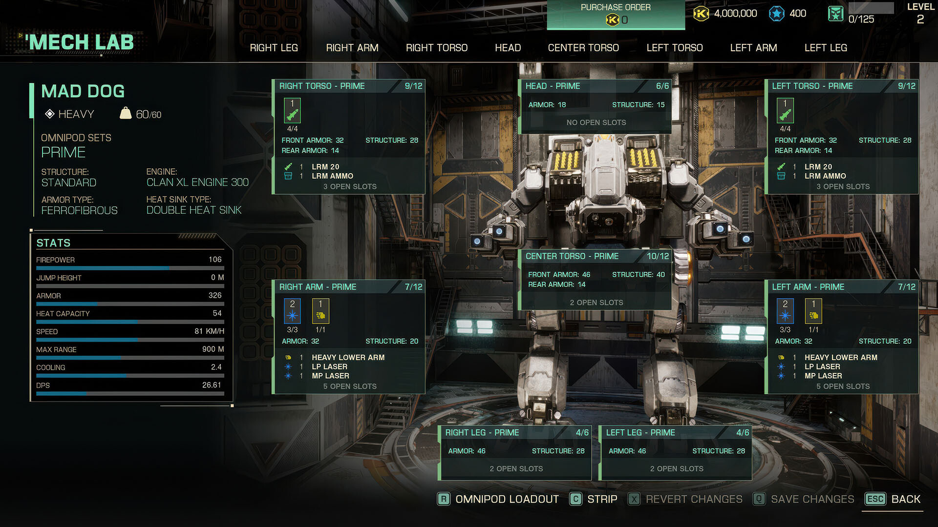 The Mech customisation screen from MechWarrior 5: Clans, showing the mech and its various systems.