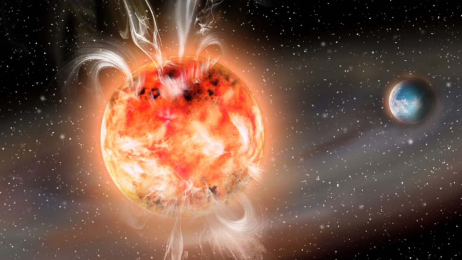 An illustration of superflares erupting from the poles of a sun-like star missing a planet that resembles Earth