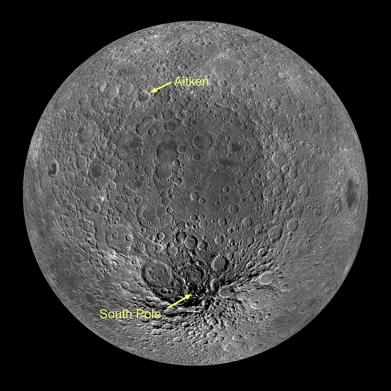 Gray planet-like sphere on black background with thousands of craters on its surface. 2 yellow text labels with arrows say Aitken crater and South Pole.