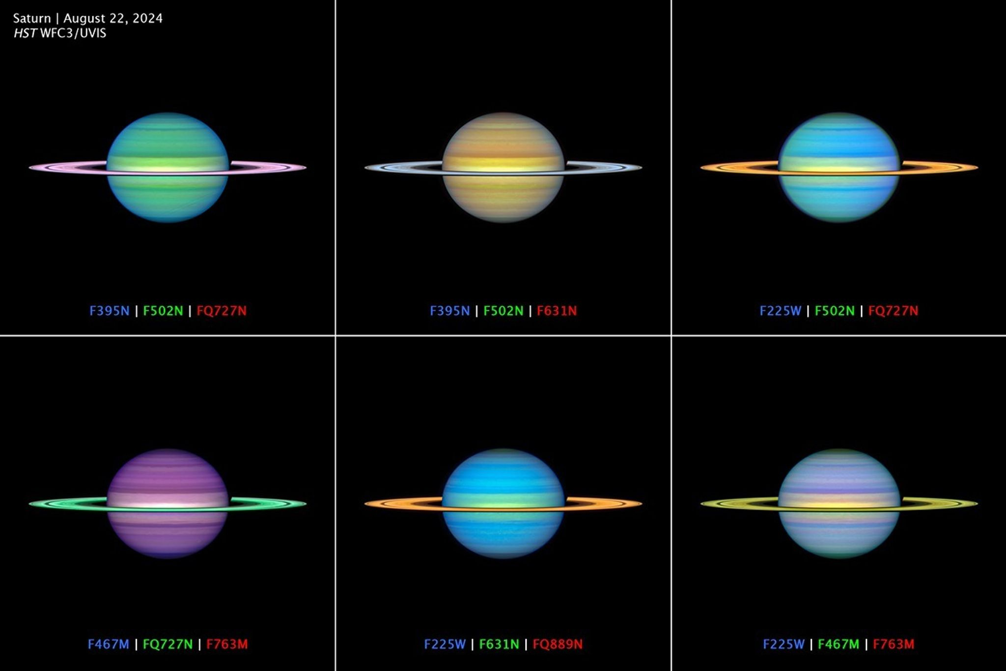 Six false-color images of saturn stacked in two rows.