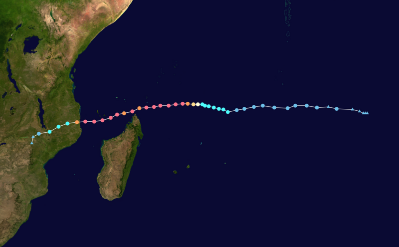 Orbital view of Madagascar and east coast of Africa with east to west line of colored dots.