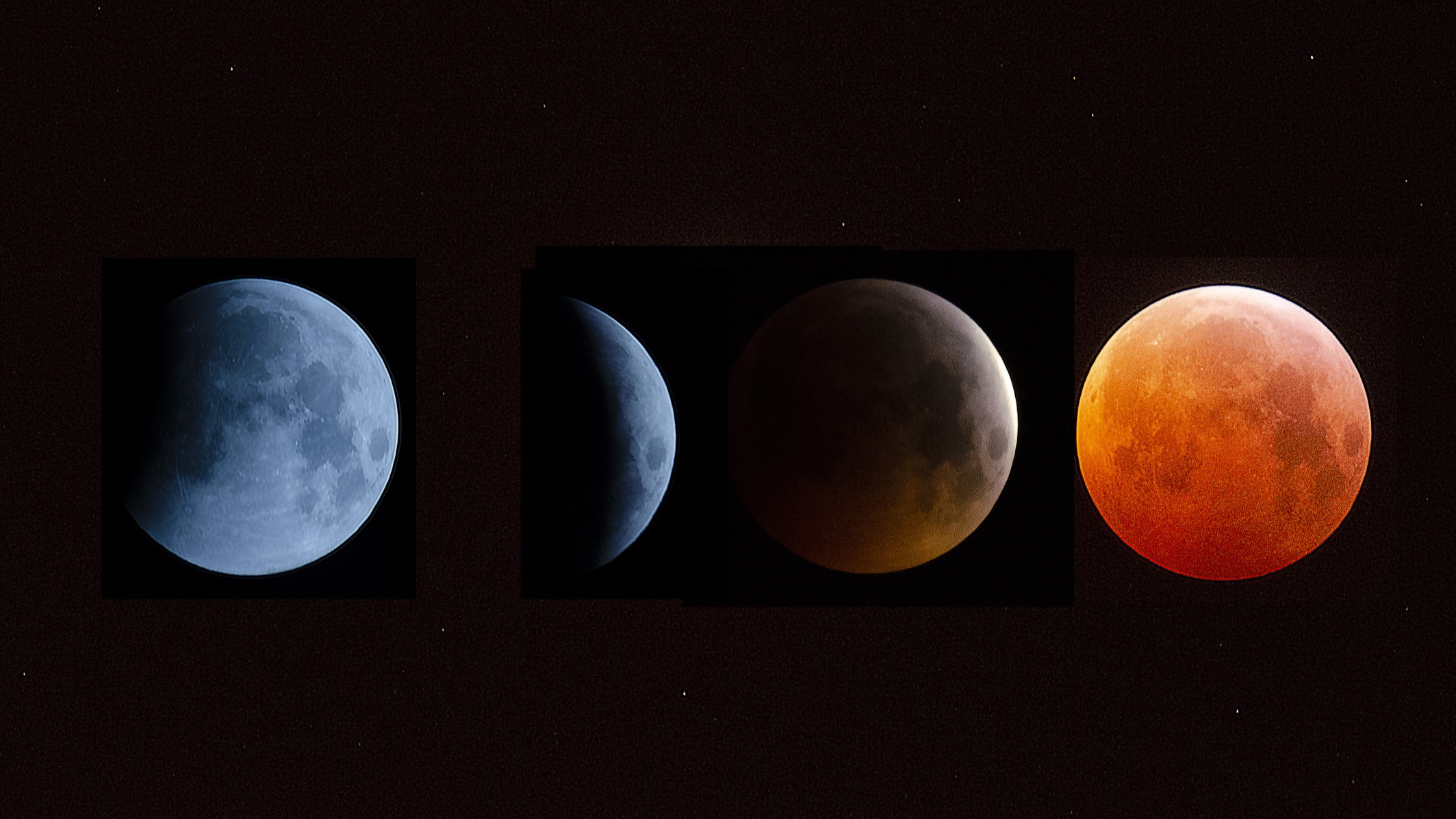 lunar eclipse phases showing the moon getting progressively more red.