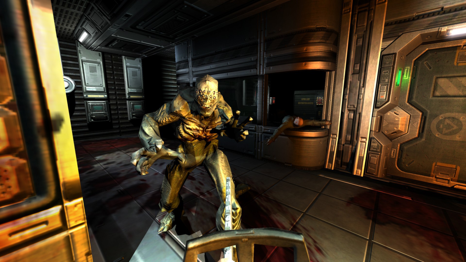 Still from the video game Doom 3. A giant, muscular, grotesque demon coming down a dark corridor.