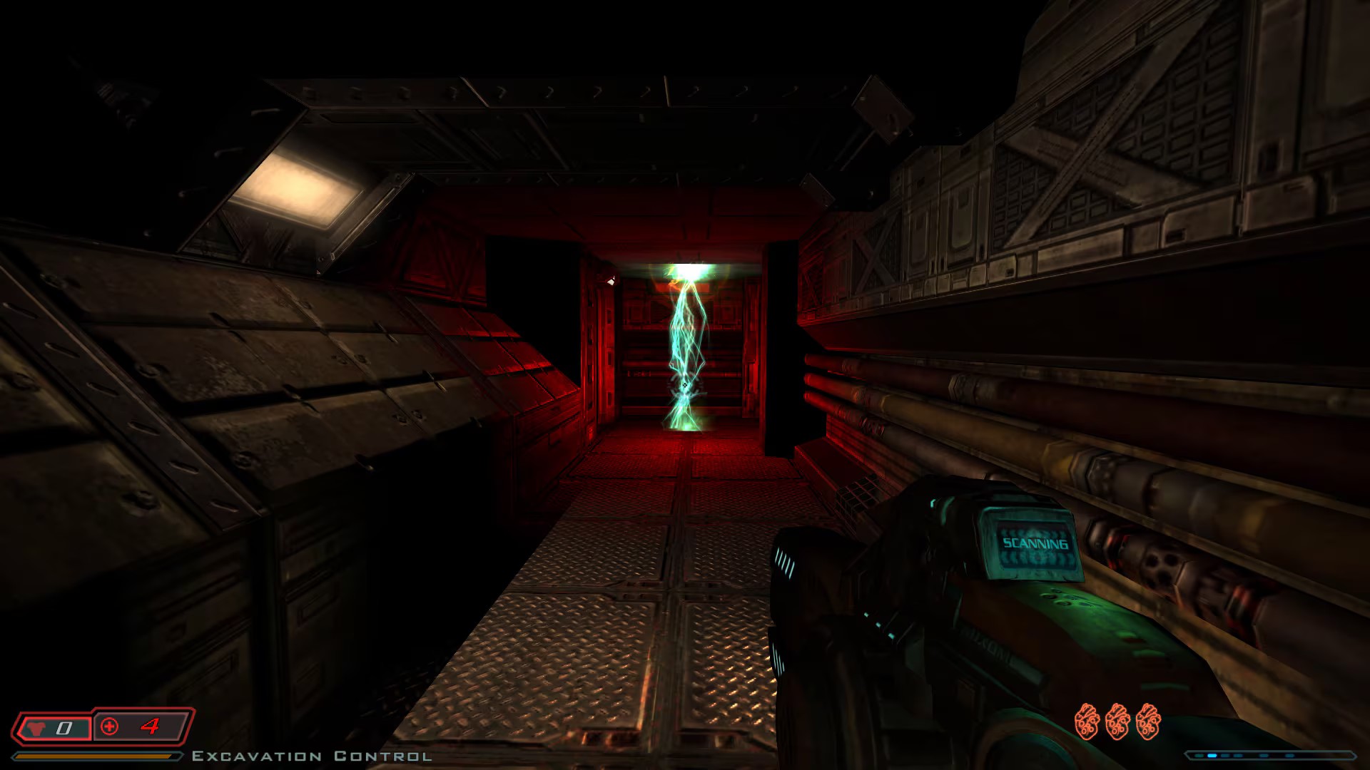 Still from the video game Doom 3. At the end of a long, dark, industrial corridor there is a plasma beam crackling from the ceiling to the floor. We, the protagonist, are holding a chunky, futuristic rifle.