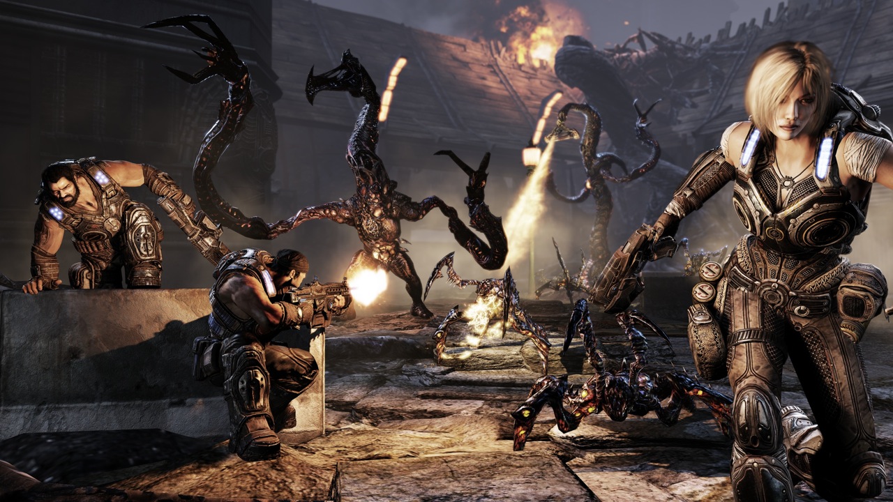 Screenshot from Gears of War 3 showing Marcus Fenix, Dominic Santiago and Anya Stroud battling the Lambent.