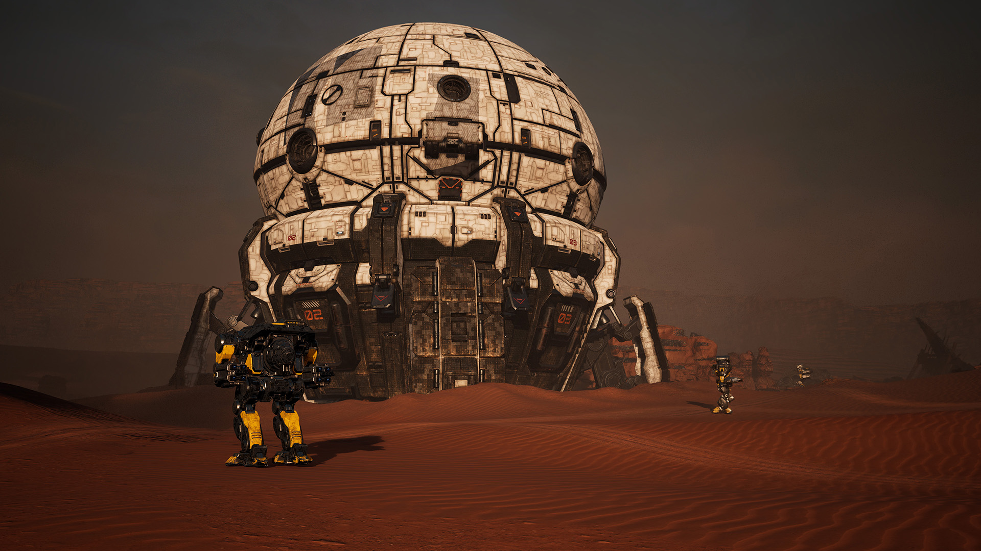 A mech stood next to a large white building in a red desert.