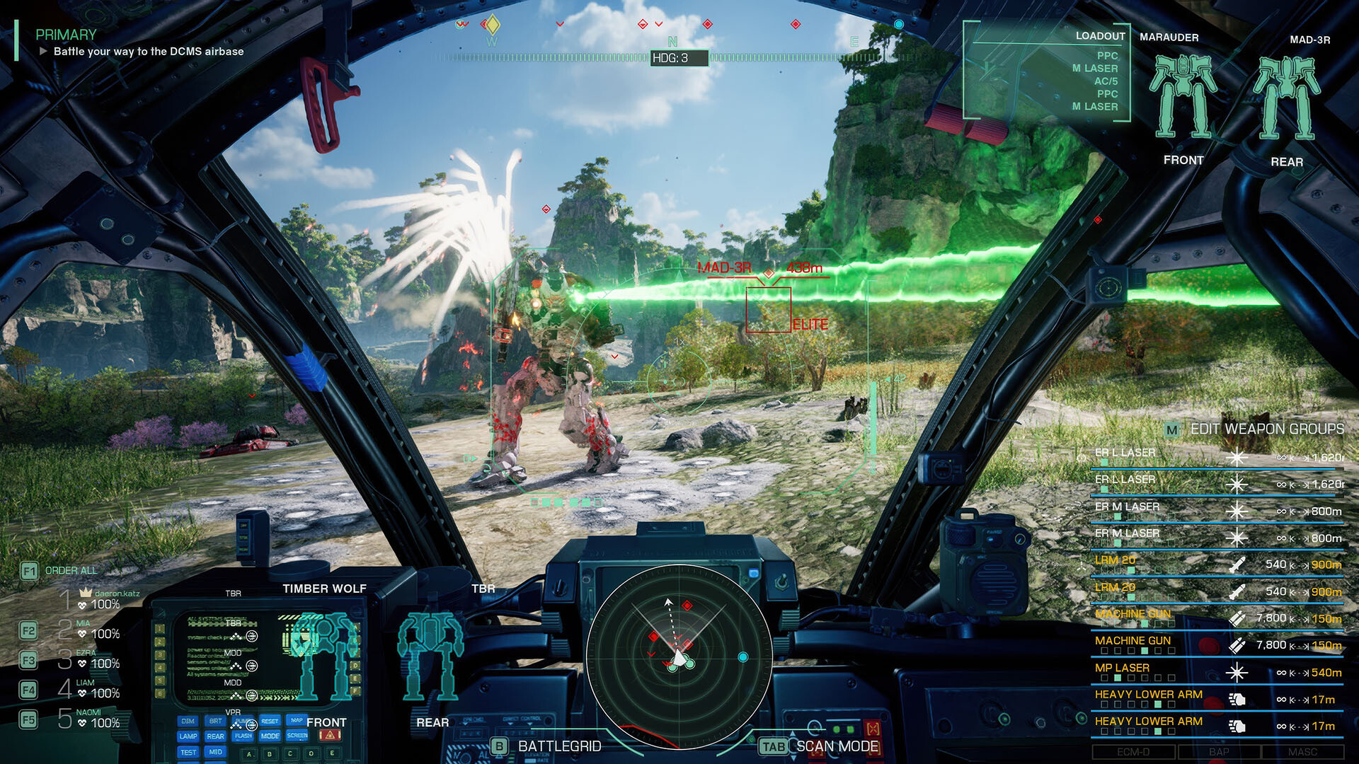 An internal view of the cockpit of a mech, with the window looking out into a grassy area as the mech fires lasers at an enemy mech who is firing rockets back at the player.