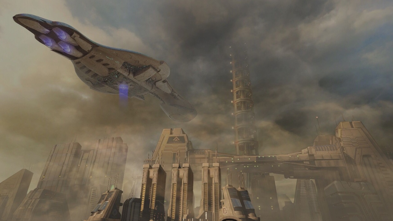 Still from sci-fi video game Halo. A spaceship is leaving behind a futuristic city with tall buildings. The sky is full of black smoke.