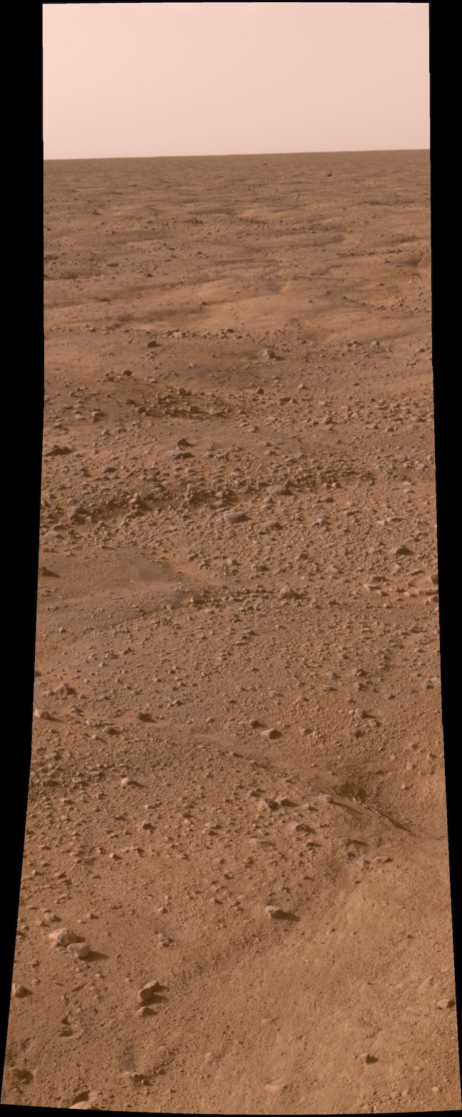 Vertical image with slightly curved sides showing brownish terrain with polygon-like shapes in it and dusty sky above.