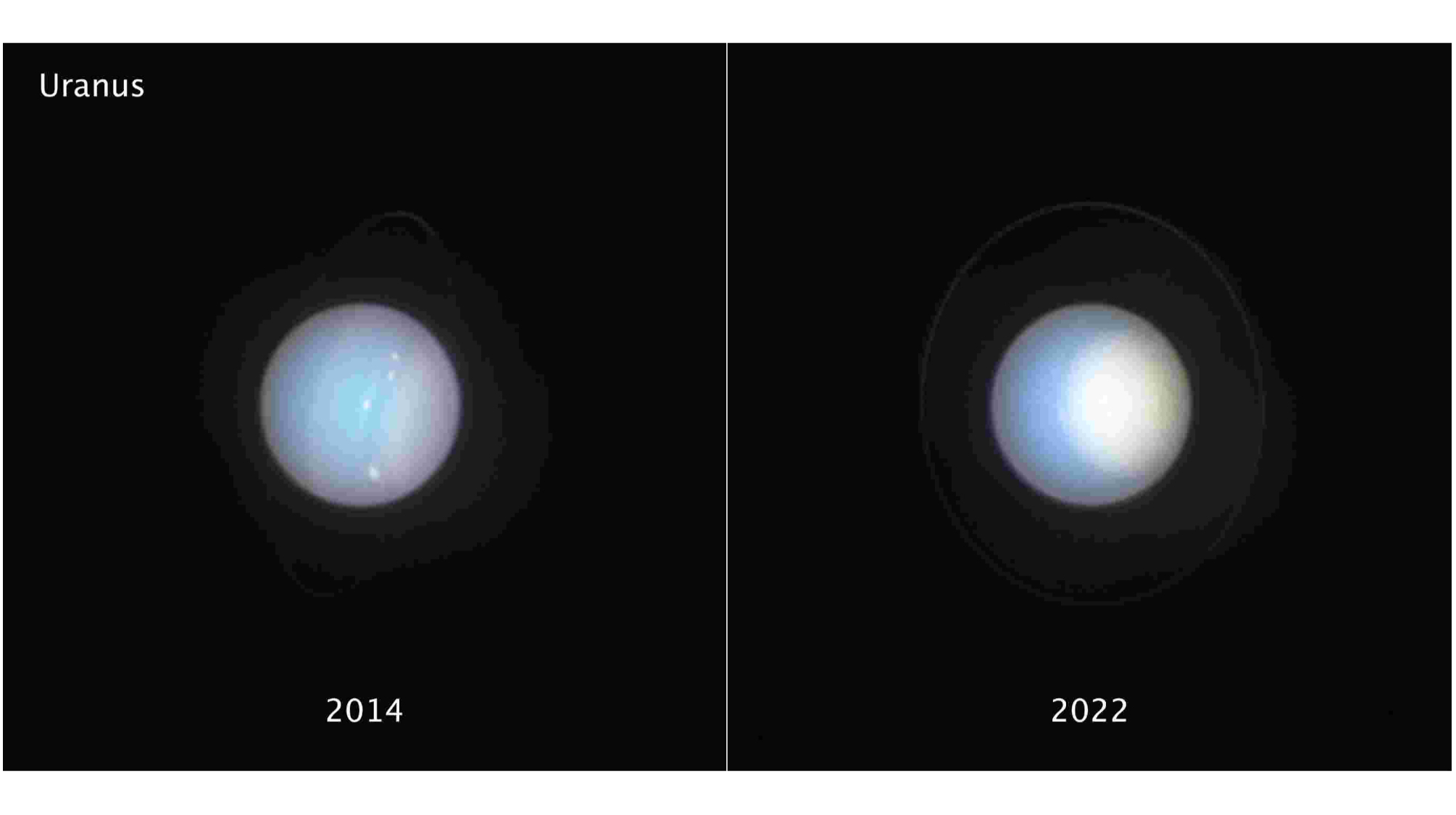 two side-by-side telescope views of a blurry planet against the blackness of space