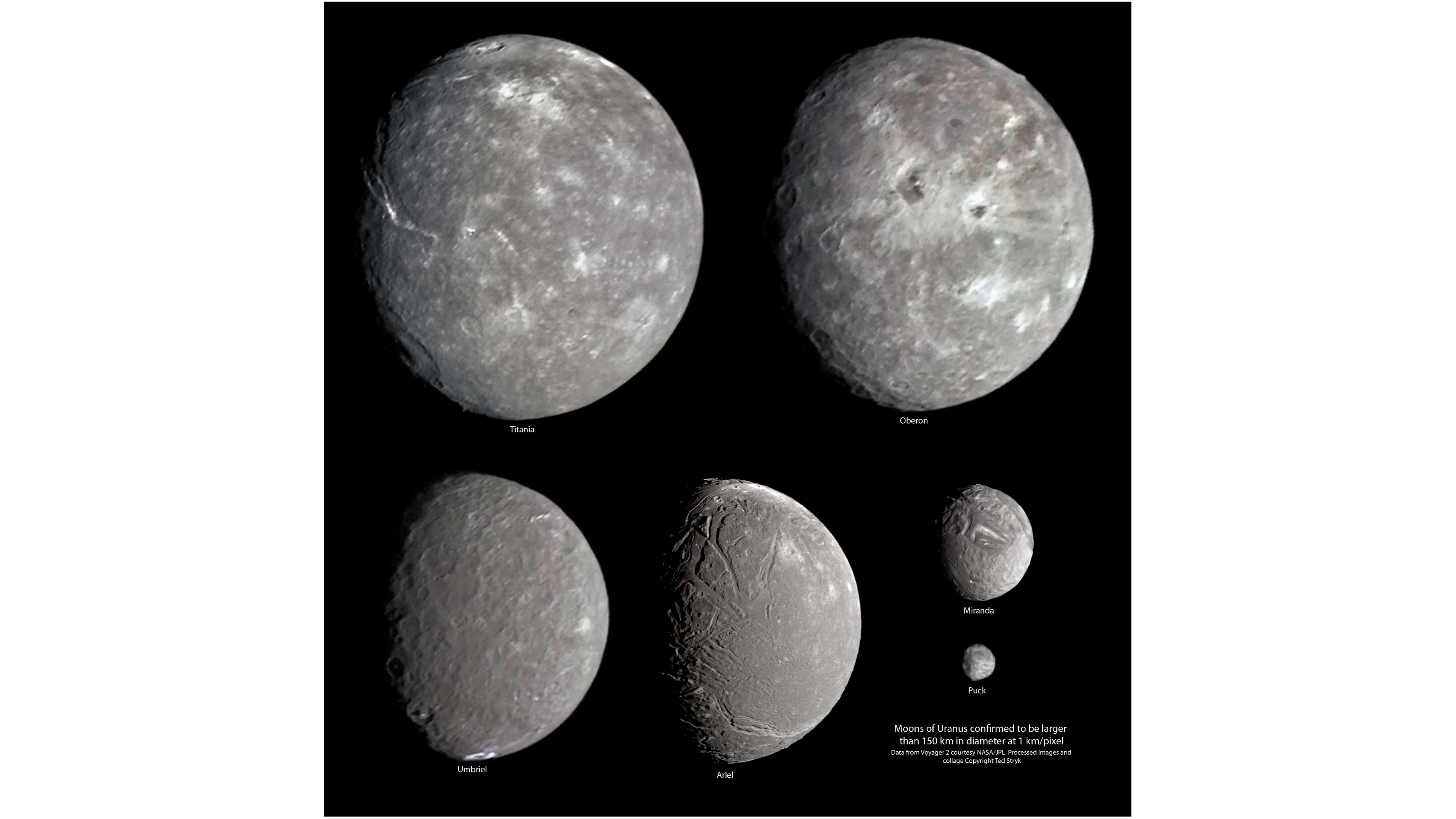 mosaic showing six moons of uranus in black and white