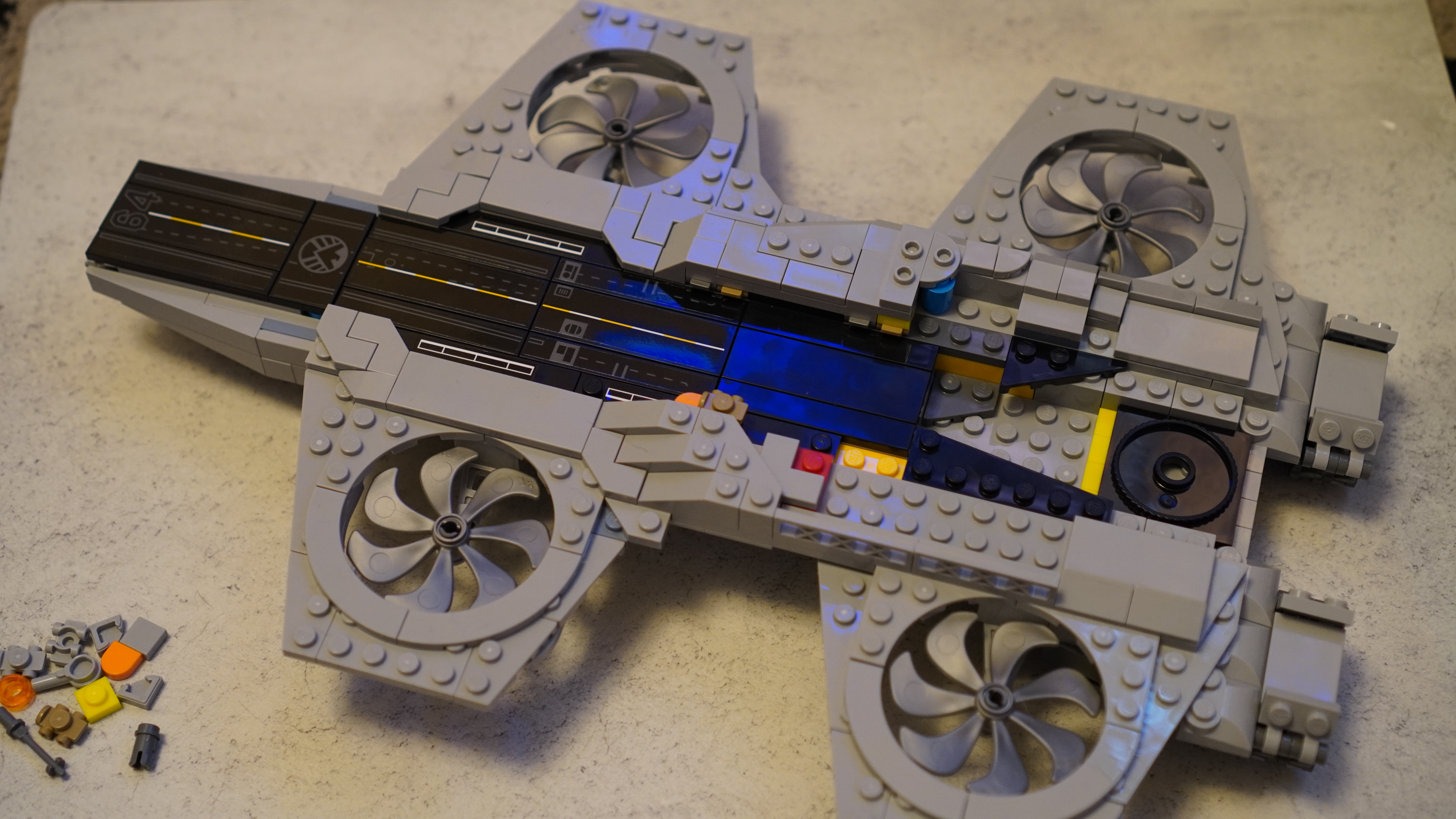 The building process of the Lego Marvel Avengers Helicarrier