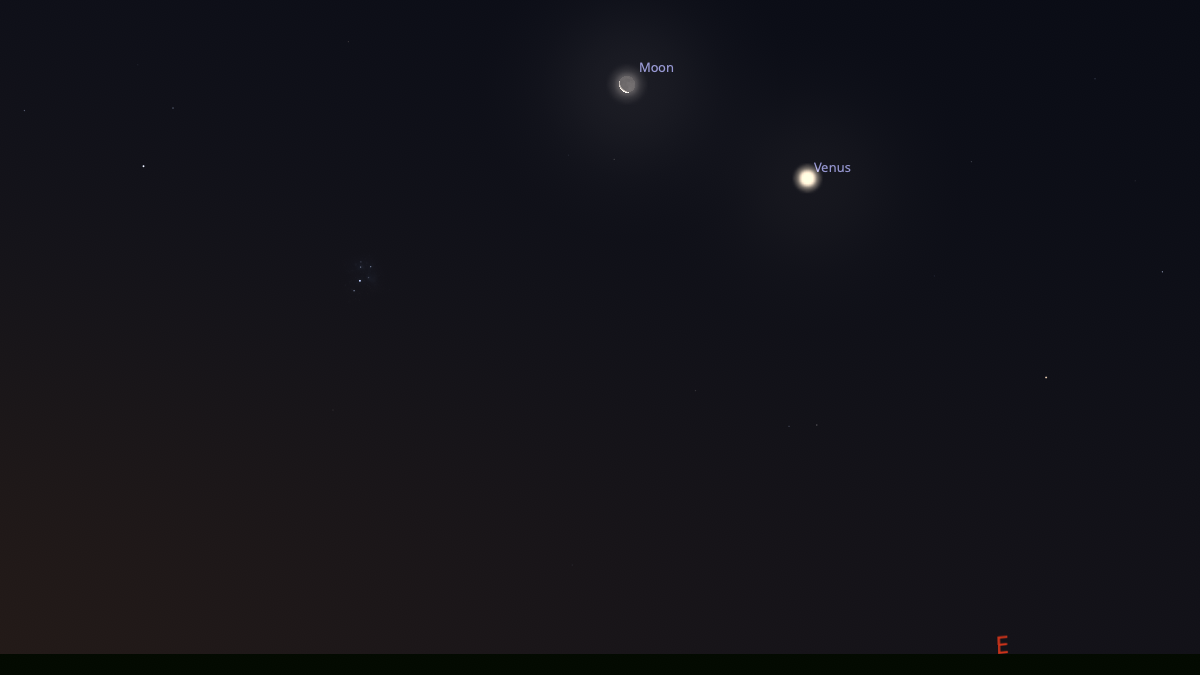 night sky graphic showing a thin crescent moon and venus shining bright in the lower right .