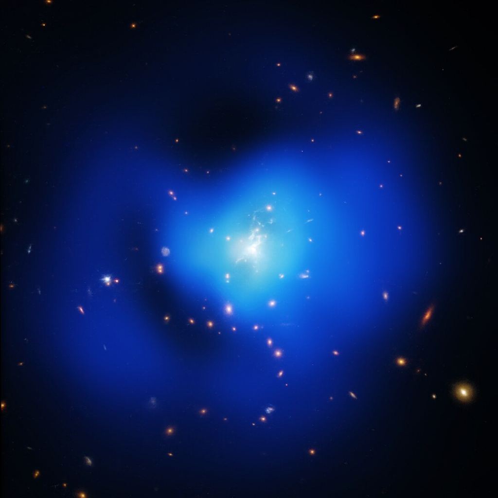 This older image of the Phoenix Cluster (SPT-CLJ2344-4243) combines Chandra and Hubble's X-ray, ultraviolet, and optical wavelengths. In this new research, the team of scientists used the JWST's infrared capabilities to try to understand Phoenix better. Image Credit: By X-ray: NASA/CXC/MIT/M.McDonald et al; Optical: NASA/STScI - https://chandra.harvard.edu/photo/2015/phoenix/ (image link), Public Domain, https://commons.wikimedia.org/w/index.php?curid=45952066