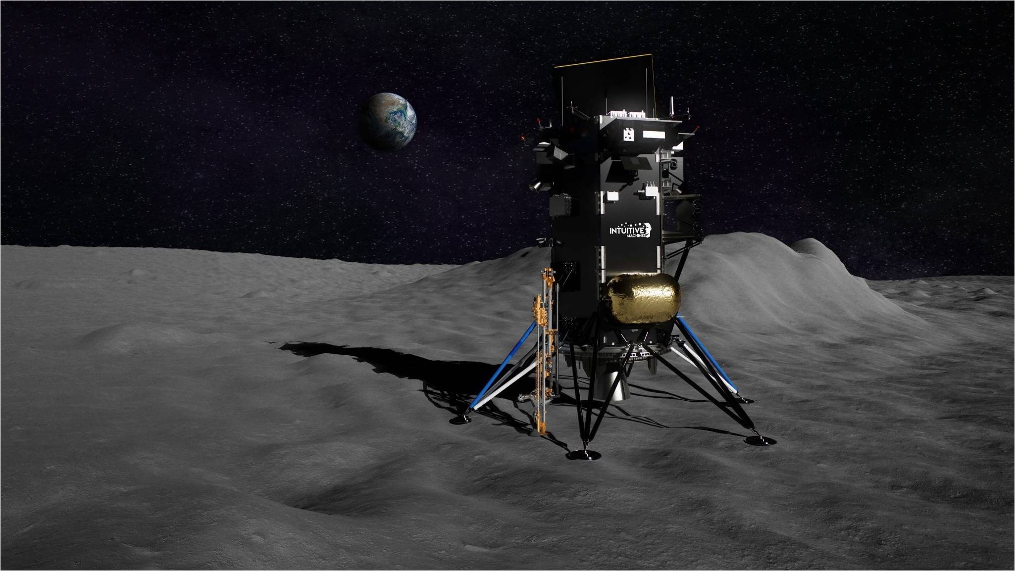 a rectangular spacecraft with four legs sits upright on a grey, dusty landscape