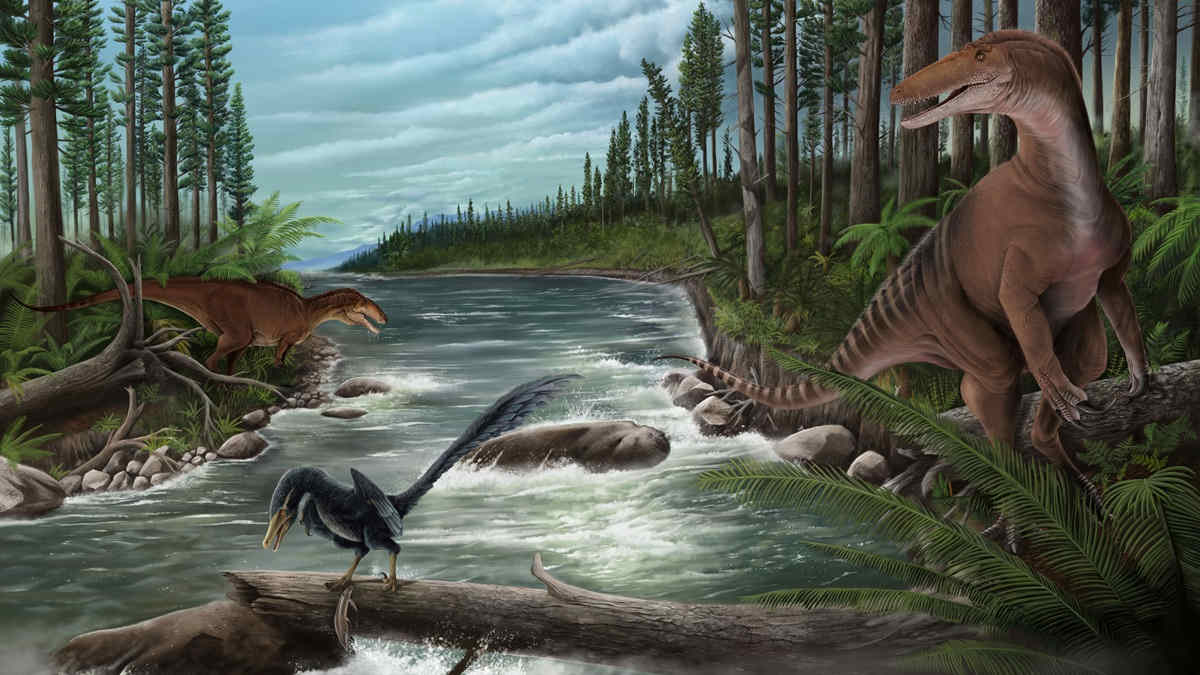 Illustration of theropod dinosaurs on river