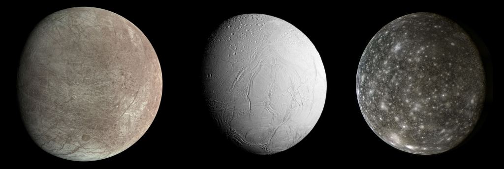 Europa (L), Enceladus (M), and Callisto (R) have distinctly different surfaces, yet all likely have subsurface oceans.