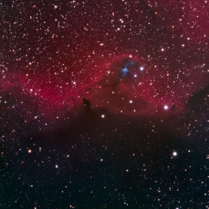 Half the image covered with wispy red clouds with a bright, electric blue nucleus, and thousands of foreground stars.