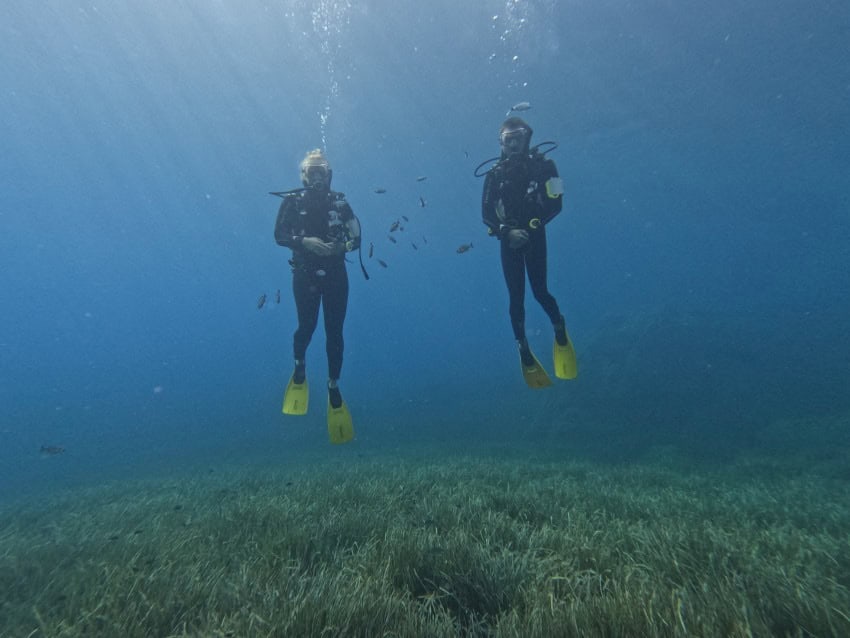 Two divers wearing identical scuba diving gear float next to each other in the sea