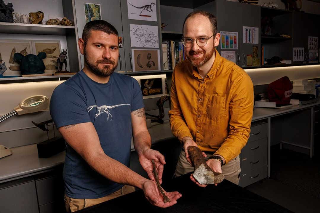 Two palaentologists holding fossils in lab