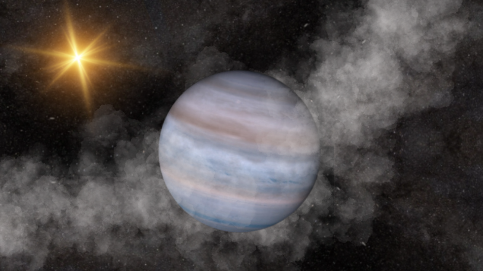 An illustration of an exoplanet PDS 70b wrapped in its prenatal cocoon.