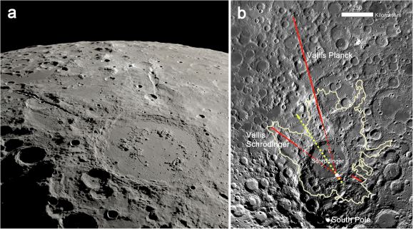 Schrödinger peak-ring impact basin and two radiating canyons carved by impact ejecta. NASASVSErnest T. Wright. b Azimuthal Equidistant Projection of the Moon LRO LROC WAC Global Morphology Mosaic 100?m v3 (100 meters/pixel), centered on the Schrödinger basin, with the continuous ejecta blanket outlined (beige, after ref. 27) and radial secondary crater rays (red). Vallis Schrödinger and Vallis Planck (see Fig. 3 for close-up views) intersect near the southern rim of the basin (white point). The size of the point indicates the uncertainty. The projected bearing of the primary impactor (yellow) runs through the point of intersection and the basin center. A third unnamed feature extends in an uprange direction.