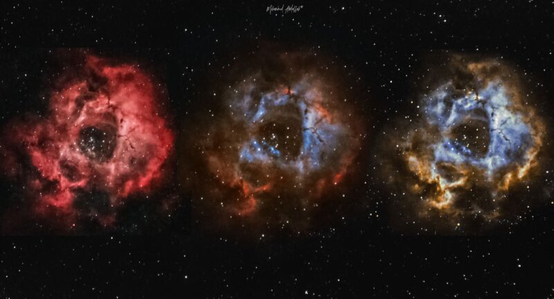 Three donut-shaped swirls - the same object- side-by-side, one red, one orange and another blue, in starry space.