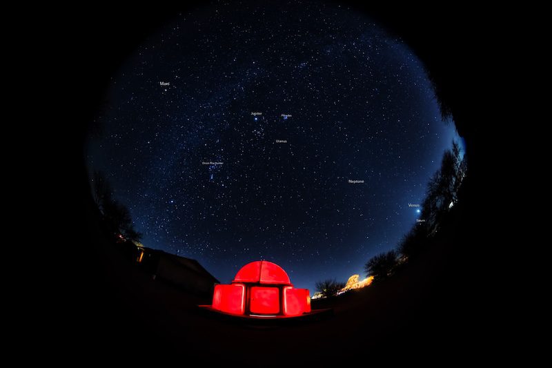 Planet-observing: Night view of a lit up observatory with the dome of the sky overhead with planets labeled.