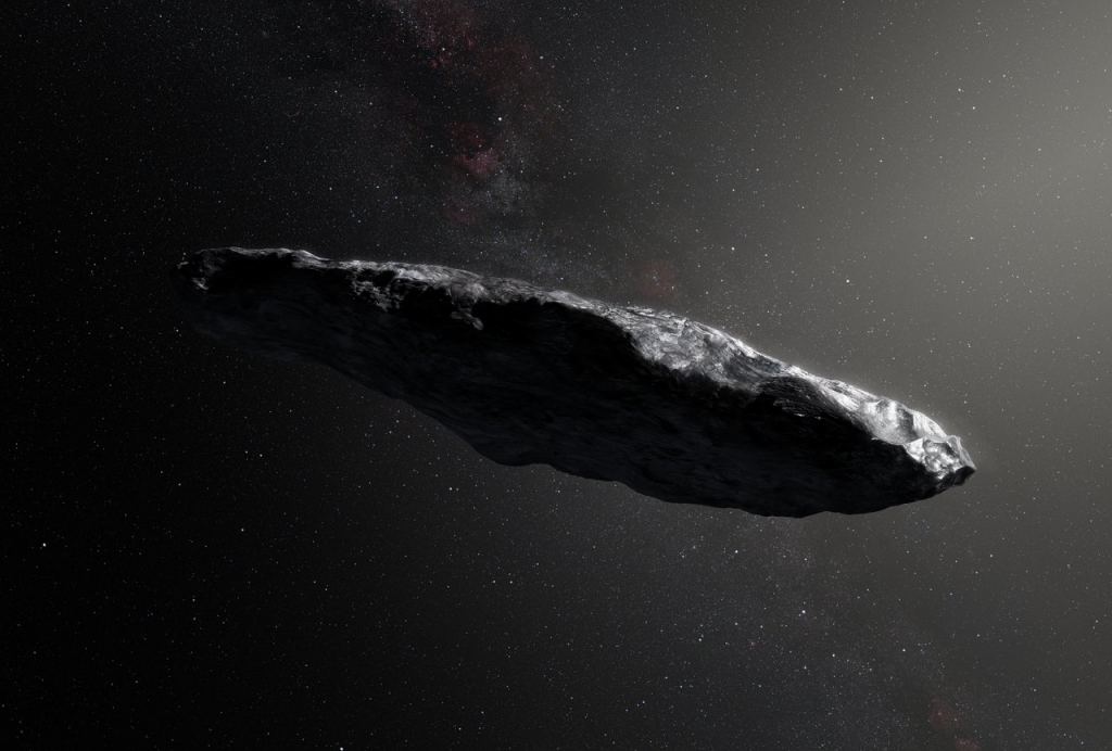 Artist's impression of  `Oumuamua. While large ISOs like this grab our attention, dust particles from other star systems are also interstellar objects. Credit: ESO/M. Kornmesser