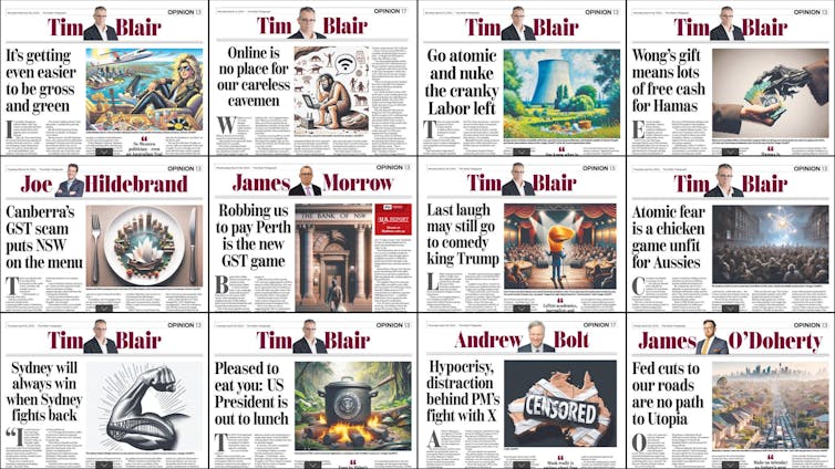 An overview of twelve opinion columns published by the daily telegraph and each featuring an image generated by an ai tool.