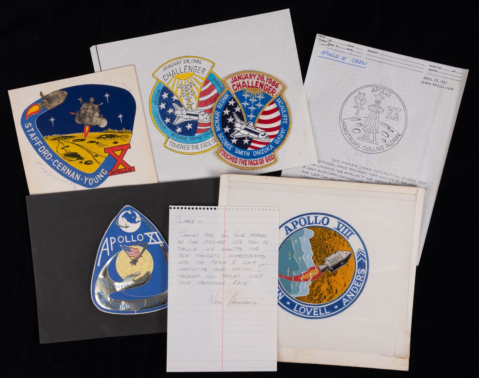 a collection of pencil and ink concepts for Apollo mission patches, as well as a embroidered patch