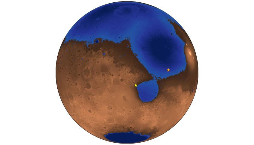 A map of the red planet with a hypothetical ocean in the northern hemisphere.