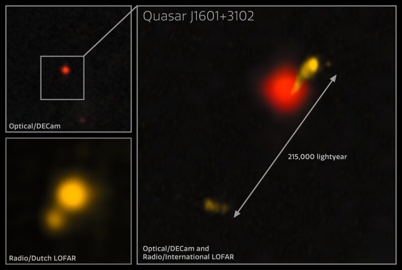 Three images, one with a red optical blob, one a a yellowish dual blob and then put together to show the galaxy and jet.