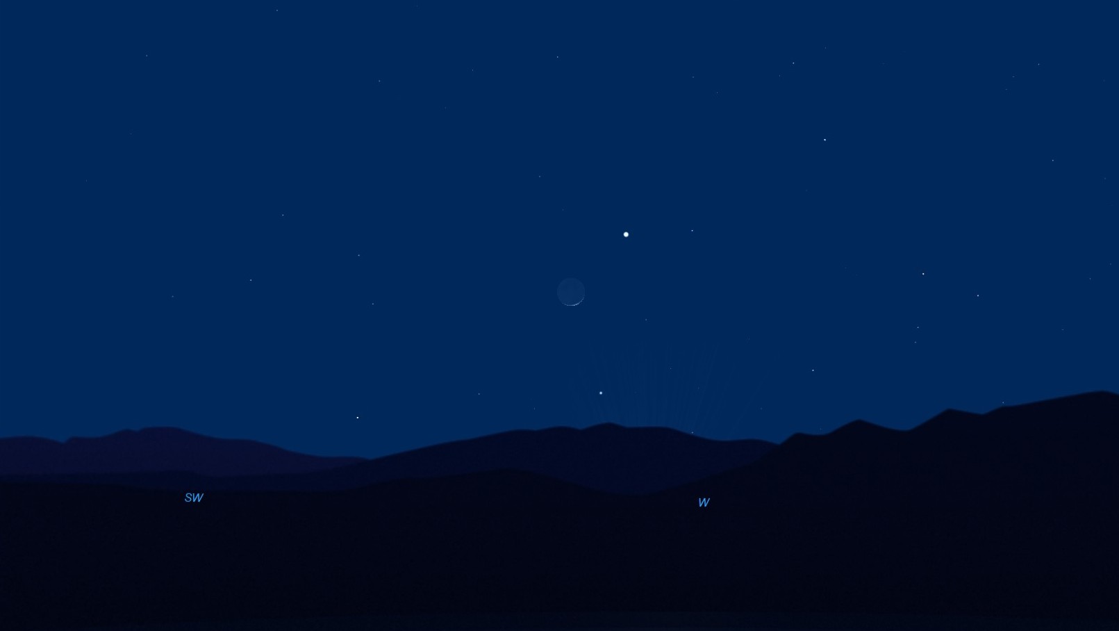 an illustration of the night sky showing a bright orb next to a thin crescent moon